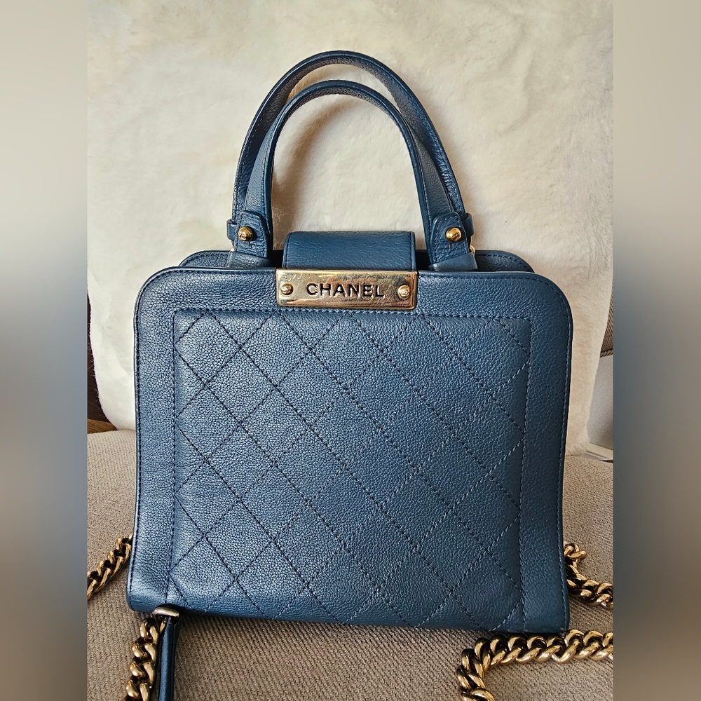 Chanel Grained Calfskin Stitched Small Label Click Shopper Tote Blue